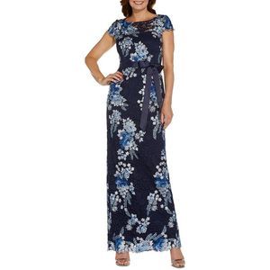 Adrianna Papell Womens Blue Embroidered Lace Formal Evening Dress Gown